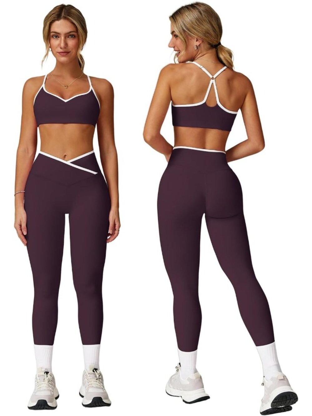 Stylish 2-Piece Workout Set for Women - Color Block Strappy Sports Bra & High